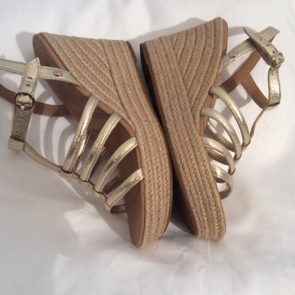 UGG "Cressida" NWOB Metallic Gold Leather Espadrille straw Wedge Sandals Size 9 - Picture 5 of 9
